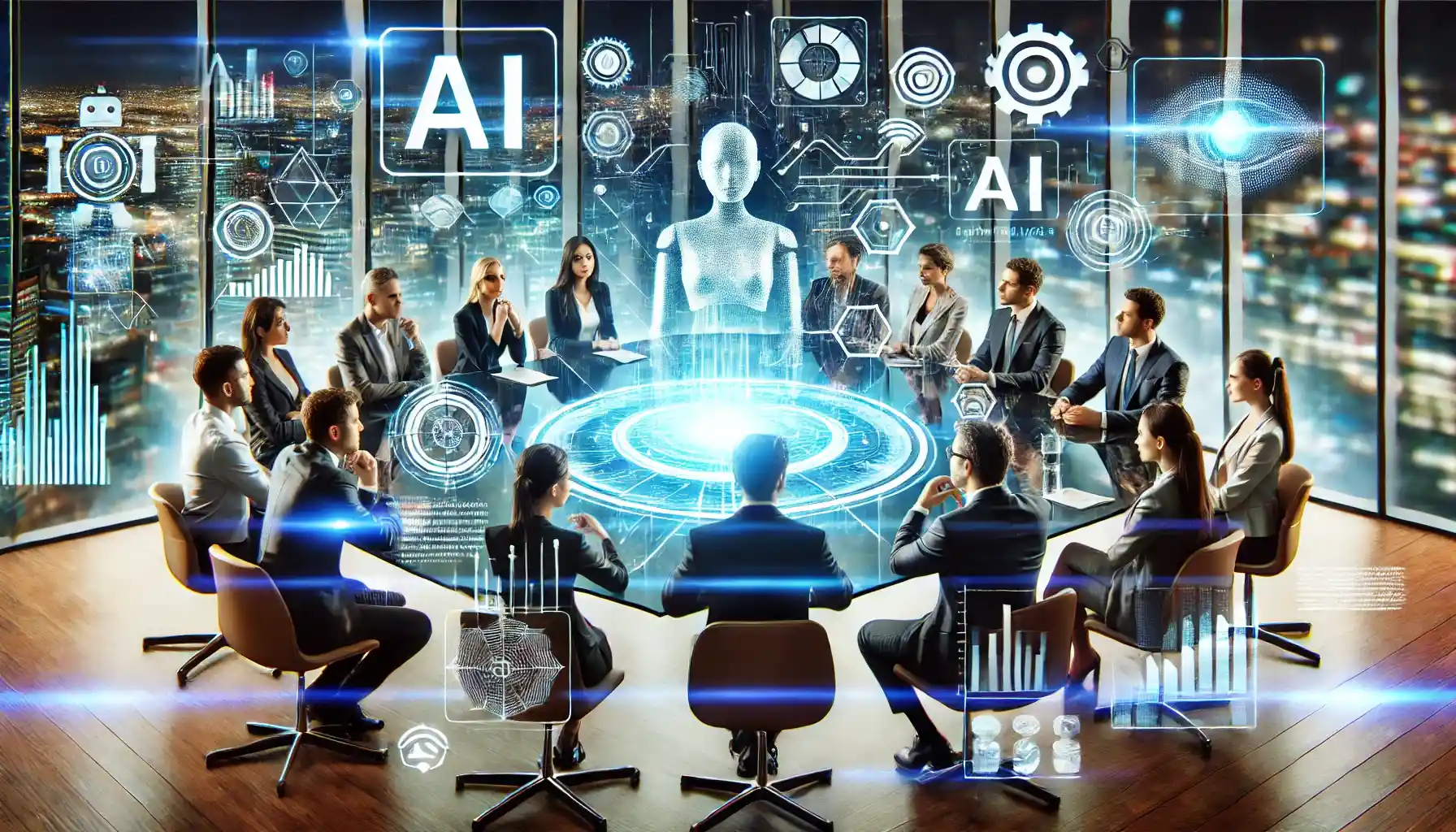People sitting around a table with a robotic woman