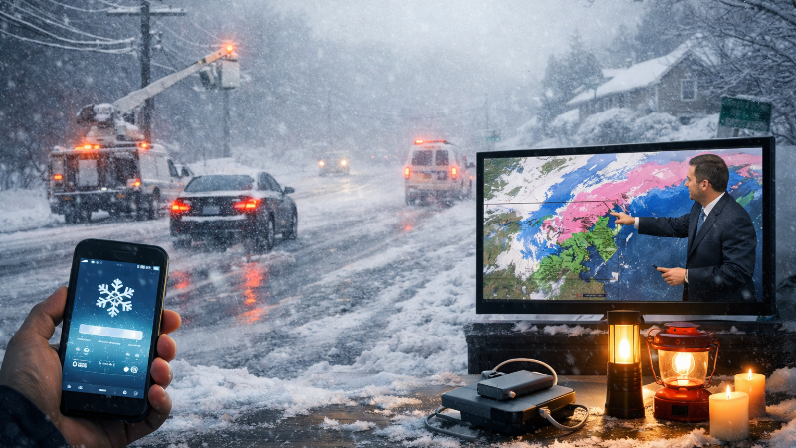 AI generated image of a snowy street with an image a phone open to a weather app in the foreground as well as a TV with a meteorologist pointing to a weather map, lit in front by some oil lamps.