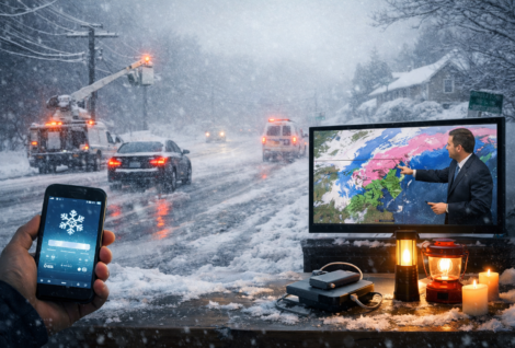 AI generated image of a snowy street with an image a phone open to a weather app in the foreground as well as a TV with a meteorologist pointing to a weather map, lit in front by some oil lamps.