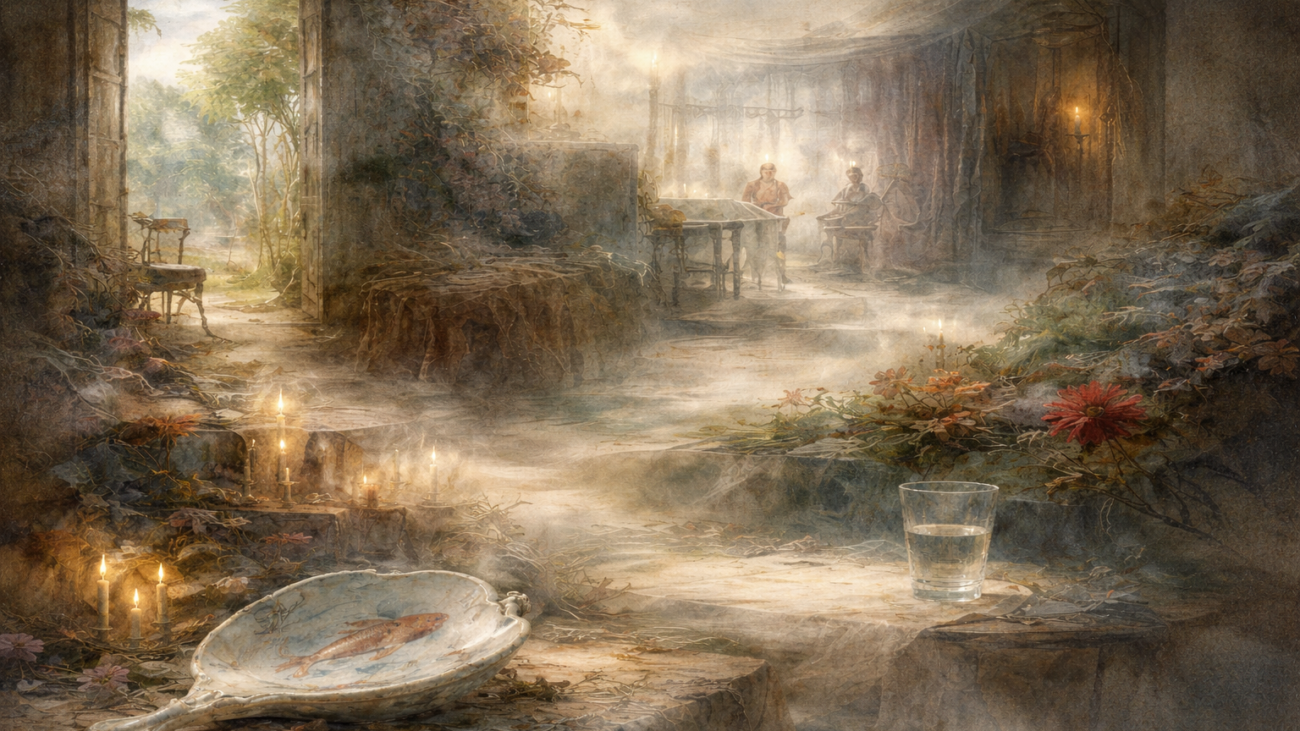 Eerie dream scape covered in jungle plants, a pathway etched through the scene connecting what seems to be a handheld mirror, a glass of water, a chair in the distance of an open doorway, and two figures seated and seemingly in discussion in the very back of the image.