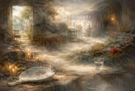 Eerie dream scape covered in jungle plants, a pathway etched through the scene connecting what seems to be a handheld mirror, a glass of water, a chair in the distance of an open doorway, and two figures seated and seemingly in discussion in the very back of the image.
