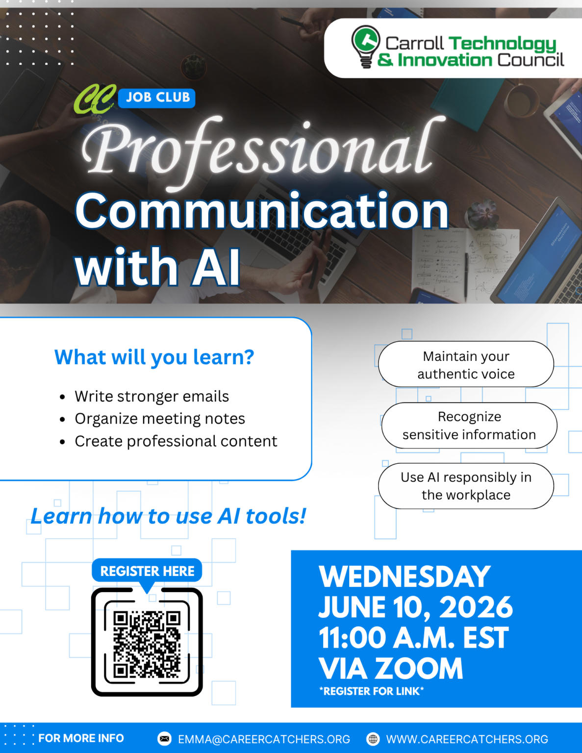 Flier for CC Job Club and Carroll Technology & Innovation Council workshop, Professional Communication with AI. June 10 at 11:00 AM via Zoom.