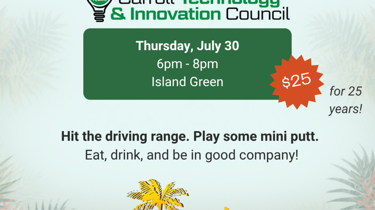 Graphic flyer for the CTIC Reunion event at Island Green on Thursday, July 30, from 6 PM to 8 PM, featuring event details and golf-themed graphics.