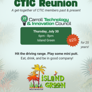 Graphic flyer for the CTIC Reunion event at Island Green on Thursday, July 30, from 6 PM to 8 PM, featuring event details and golf-themed graphics.