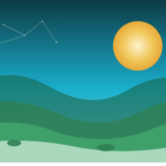 Illustration of layered green hills under a teal sky with a golden sun