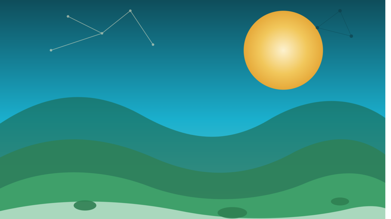 Illustration of layered green hills under a teal sky with a golden sun
