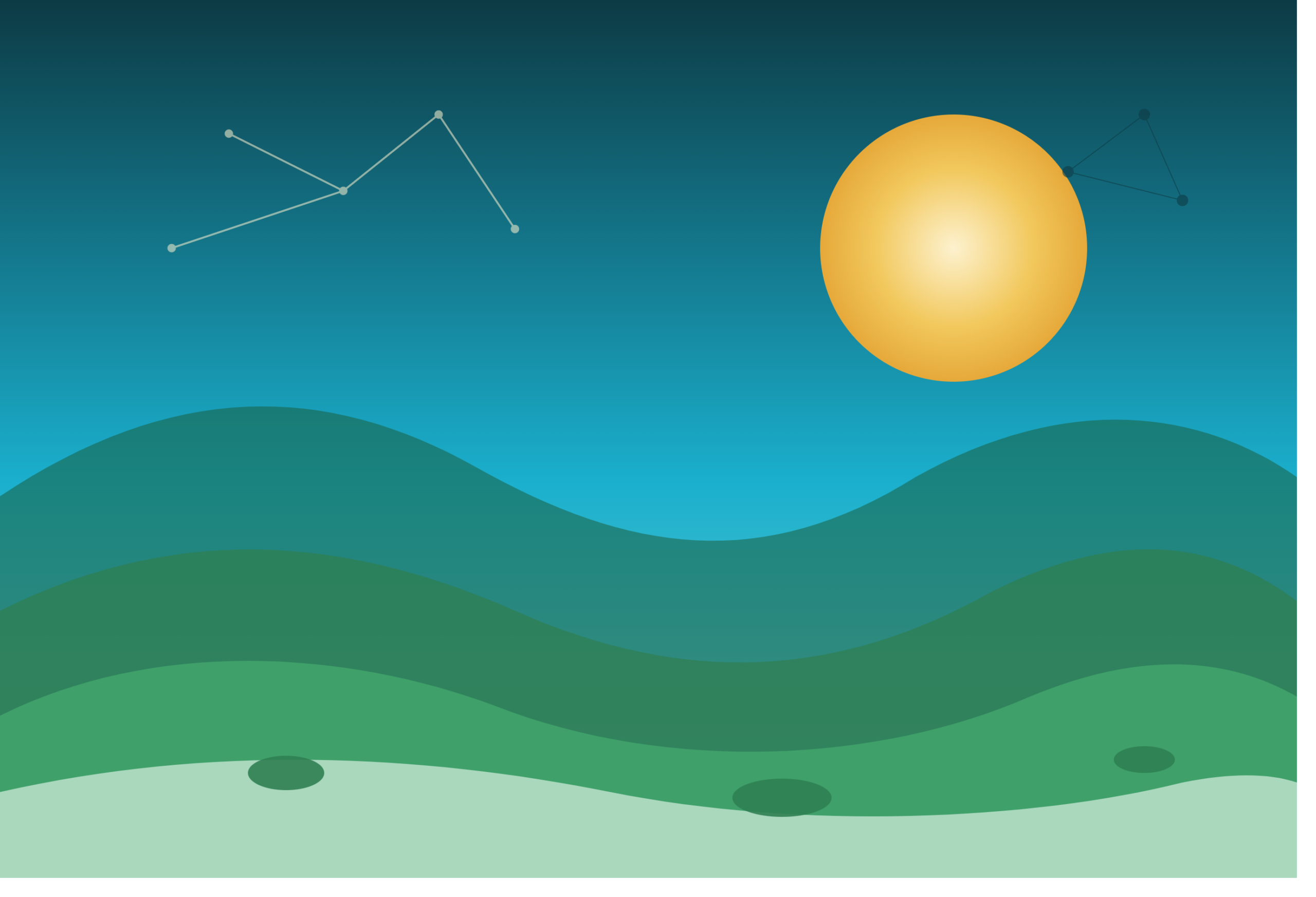 Illustration of layered green hills under a teal sky with a golden sun
