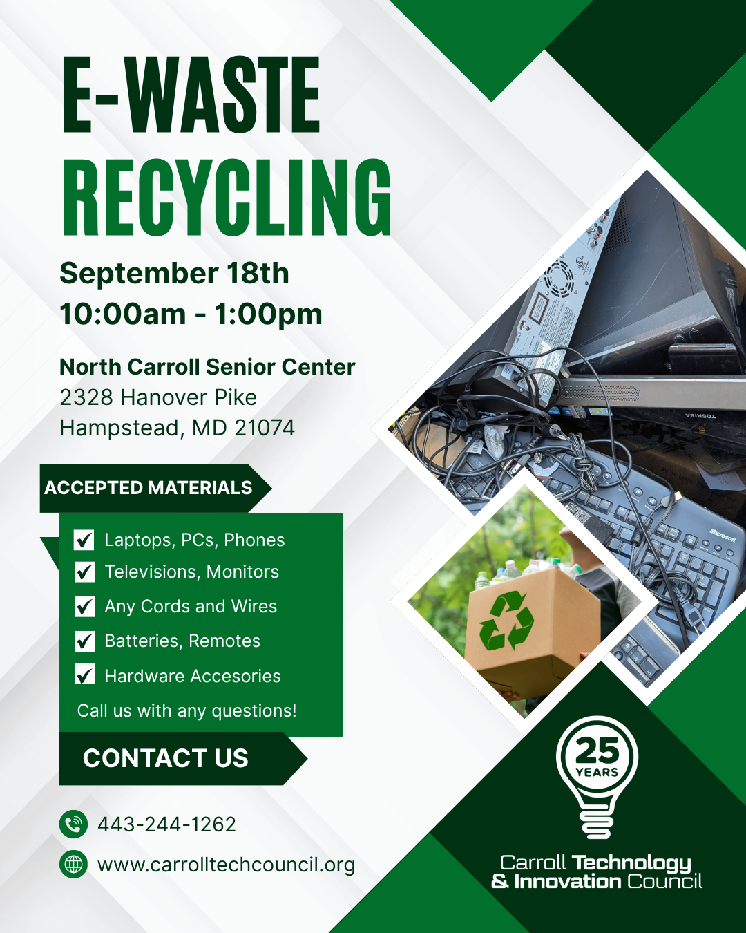 CTIC E-Waste Recycling flyer, Sept 18, 10am-1pm, North Carroll Senior Center